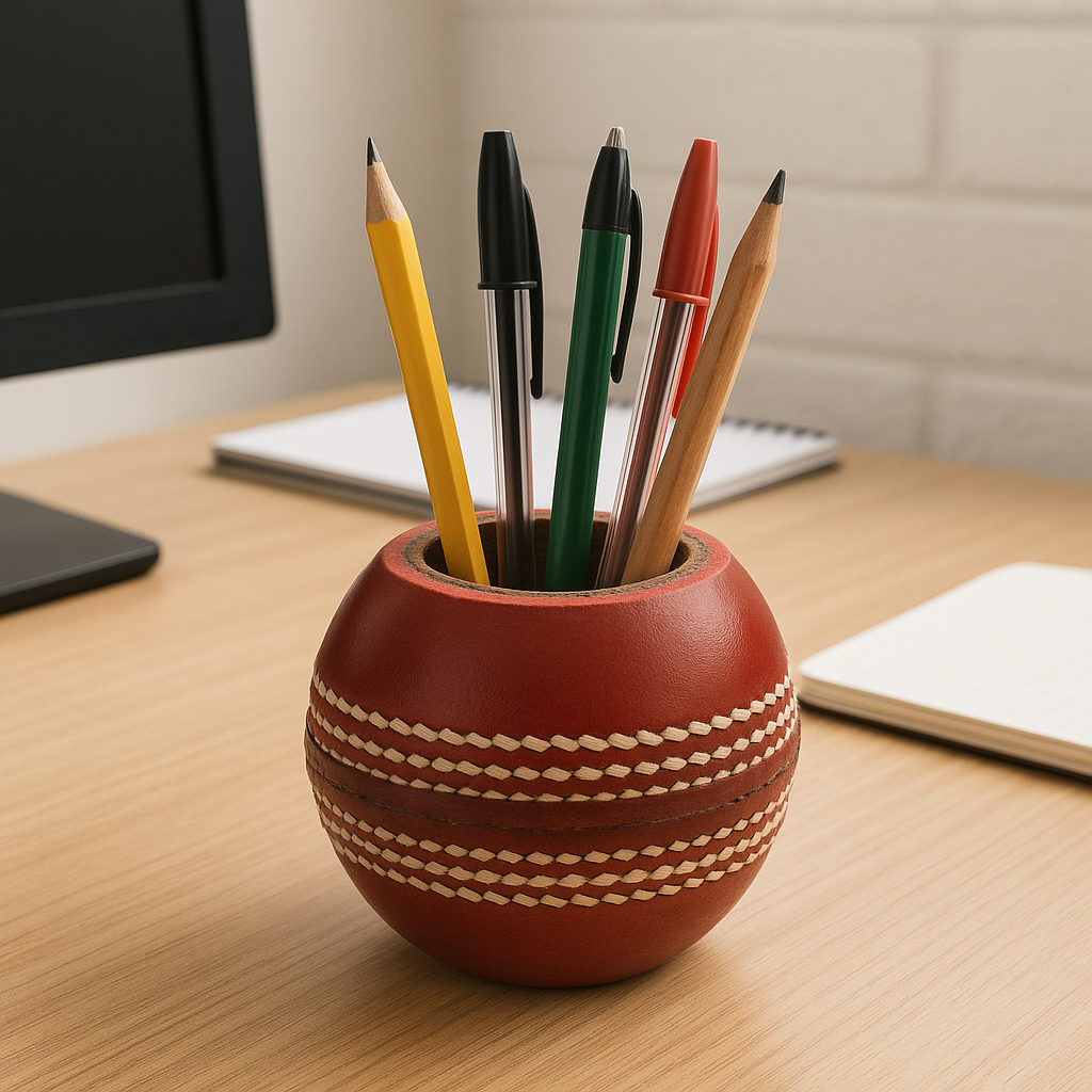 CRICKET-GIFTS - Cricket Ball Pen and Pencil Holder | Cork & Rubber Core | Ideal Desk Accessory for Cricket Enthusiasts