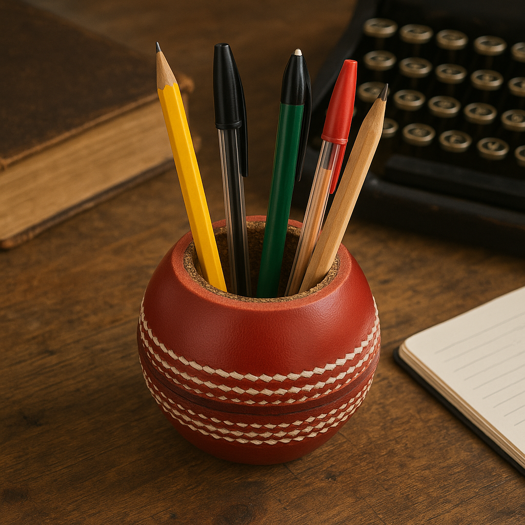 CRICKET-GIFTS - Cricket Ball Pen and Pencil Holder | Cork & Rubber Core | Ideal Desk Accessory for Cricket Enthusiasts