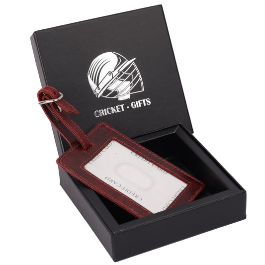 CRICKET-GIFTS - Buffalo Leather Luggage Tag | Red with White Cricket Ball Stitching