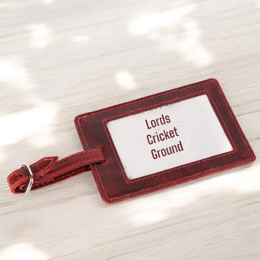 CRICKET-GIFTS - Buffalo Leather Luggage Tag | Red with White Cricket Ball Stitching | Durable & Stylish Travel Accessory | Personalizable ID Area | Love Cricket, OneSize