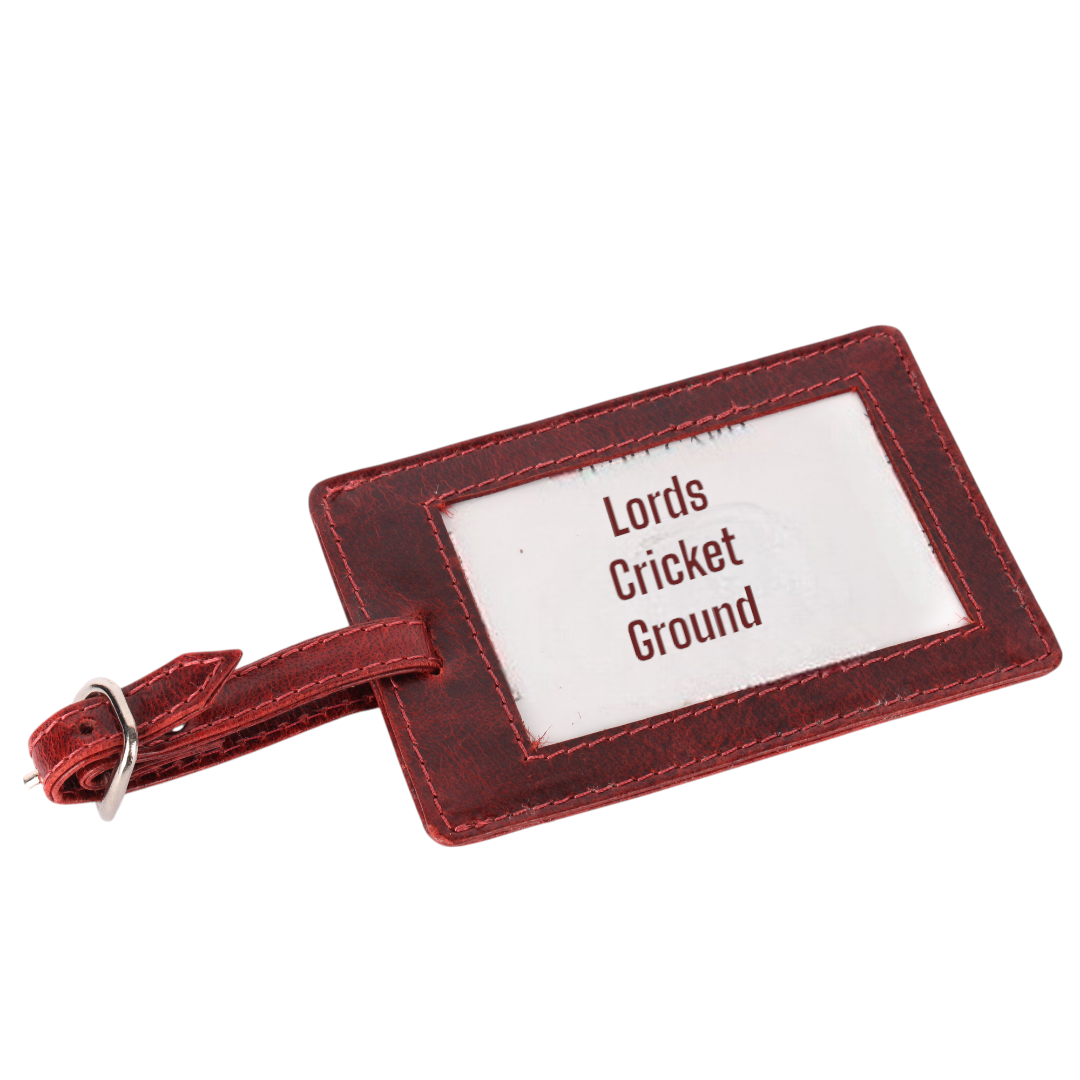 CRICKET-GIFTS - Buffalo Leather Luggage Tag | Red with White Cricket Ball Stitching | Durable & Stylish Travel Accessory | Personalizable ID Area | Love Cricket, OneSize