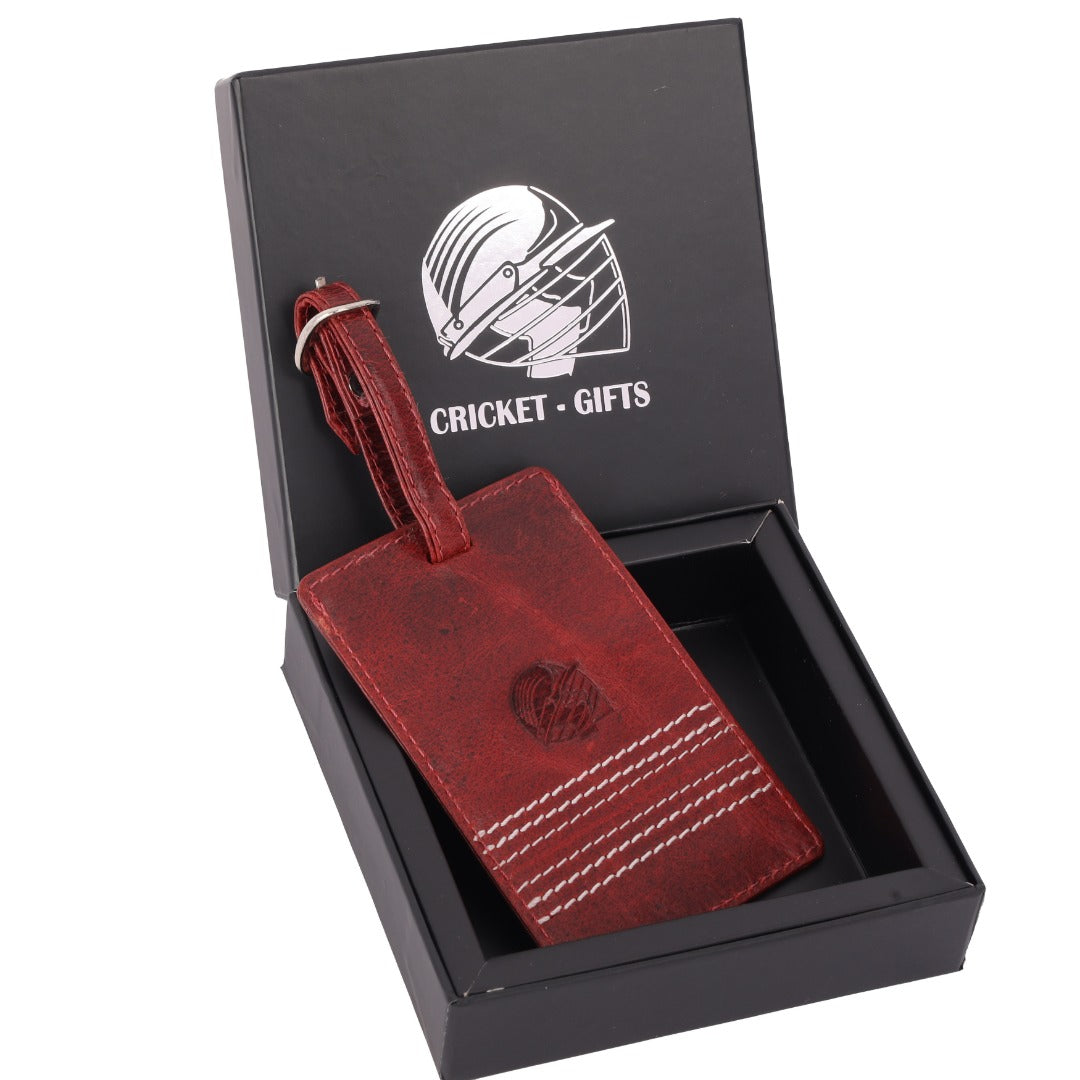 CRICKET-GIFTS - Buffalo Leather Luggage Tag | Red with White Cricket Ball Stitching | Durable & Stylish Travel Accessory | Personalizable ID Area | Love Cricket, OneSize