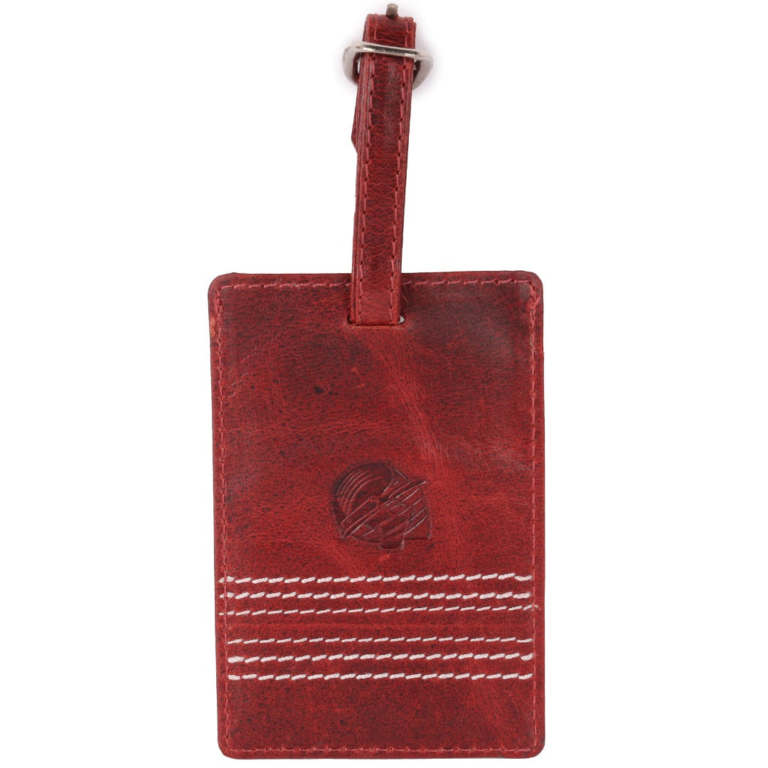 CRICKET-GIFTS - Buffalo Leather Luggage Tag | Red with White Cricket Ball Stitching | Durable & Stylish Travel Accessory | Personalizable ID Area | Love Cricket, OneSize