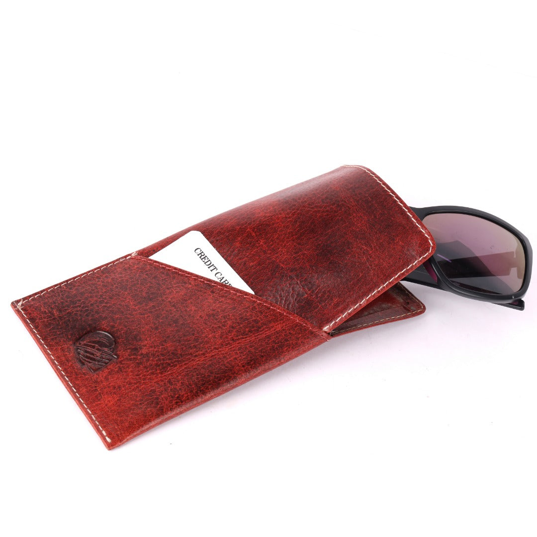 CRICKET-GIFTS - Buffalo Leather Glasses Case | Red Leather Exterior | Includes Card Holder