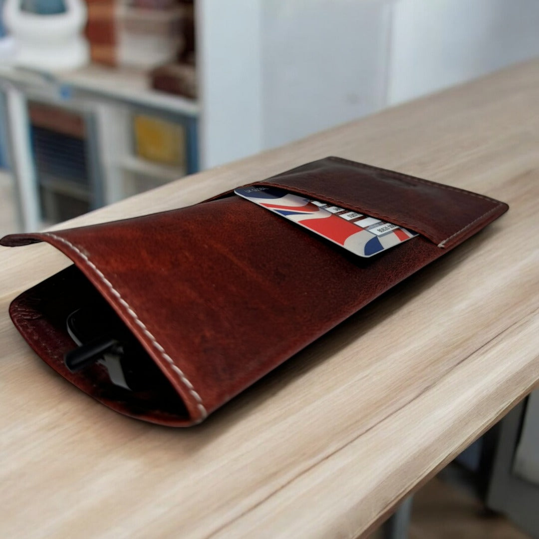 CRICKET-GIFTS - Buffalo Leather Glasses Case | Red Leather Exterior | Includes Card Holder