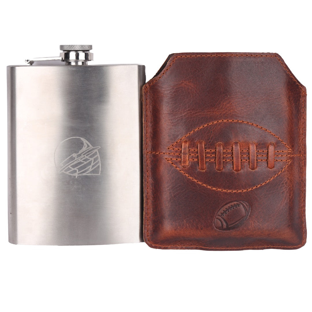 SPORTGIFTZ - Buffalo Leather Hip Flask | 8oz Capacity | Brown Leather Cover | Ideal for Rugby Enthusiasts | Includes Portable Pouch | Retro Rugby Ball Stitching, Brown, Metal
