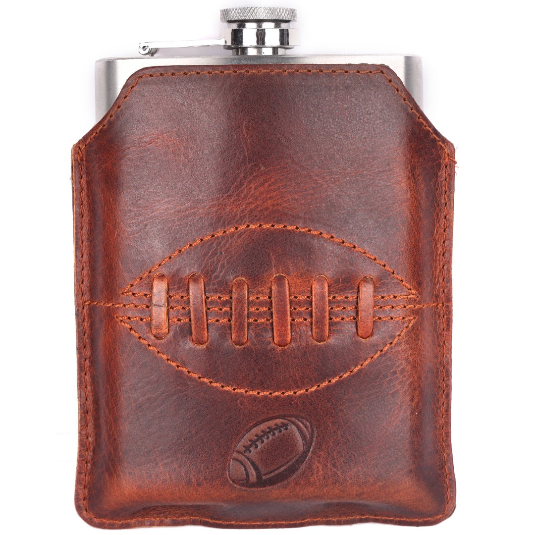SPORTGIFTZ - Buffalo Leather Hip Flask | 8oz Capacity | Brown Leather Cover | Ideal for Rugby Enthusiasts | Includes Portable Pouch | Retro Rugby Ball Stitching, Brown, Metal