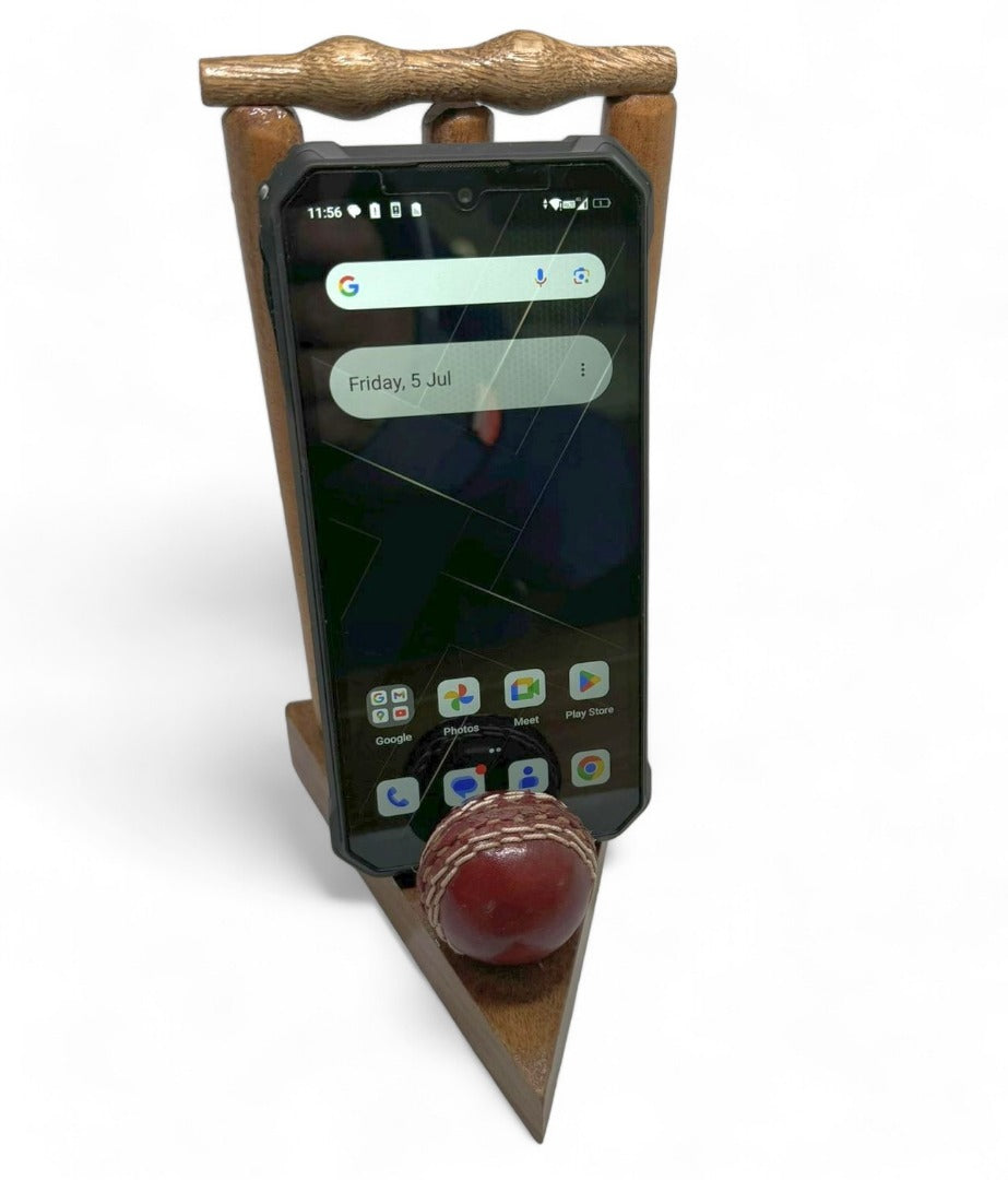 CRICKET-GIFTS - Desktop Phone Holder | Real Wood Design | Ideal for Cricket Fans | 8-Inch Size Fits All Mobiles | Suitable for Office Desk | Cricket Ball & Wickets Style