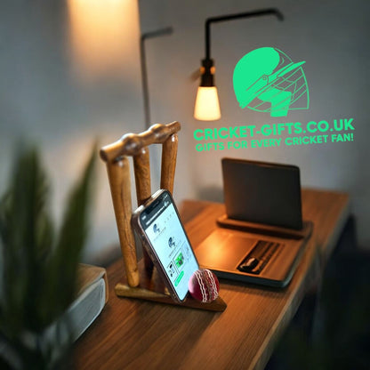 CRICKET-GIFTS - Desktop Phone Holder | Real Wood Design | Ideal for Cricket Fans | 8-Inch Size Fits All Mobiles | Suitable for Office Desk | Cricket Ball & Wickets Style