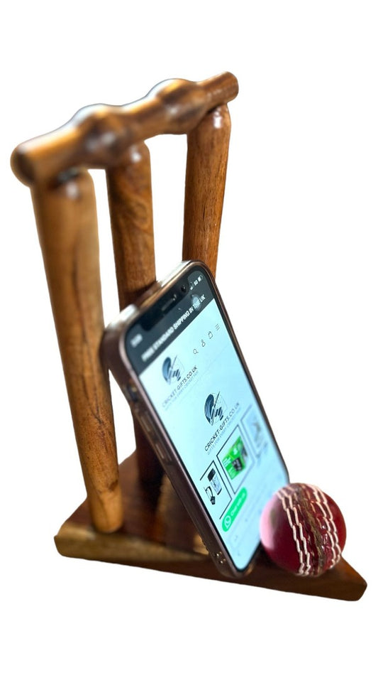 CRICKET-GIFTS - Desktop Phone Holder | Real Wood Design | Ideal for Cricket Fans | 8-Inch Size Fits All Mobiles | Suitable for Office Desk | Cricket Ball & Wickets Style