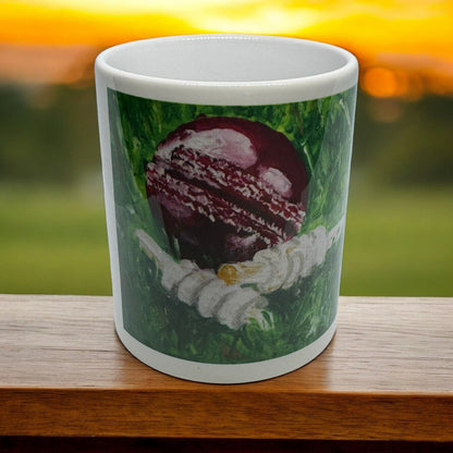 CRICKET-GIFTS - Cricketer's Mug | Ceramic Design by Anthony Kelly | Cricket Ball & Bails Artwork | 300ml Capacity | Ideal for Cricket Enthusiasts | Cricket Ball Design, White, Green