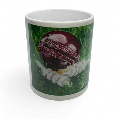 CRICKET-GIFTS - Cricketer's Mug | Ceramic Design by Anthony Kelly | Cricket Ball & Bails Artwork | 300ml Capacity | Ideal for Cricket Enthusiasts | Cricket Ball Design, White, Green