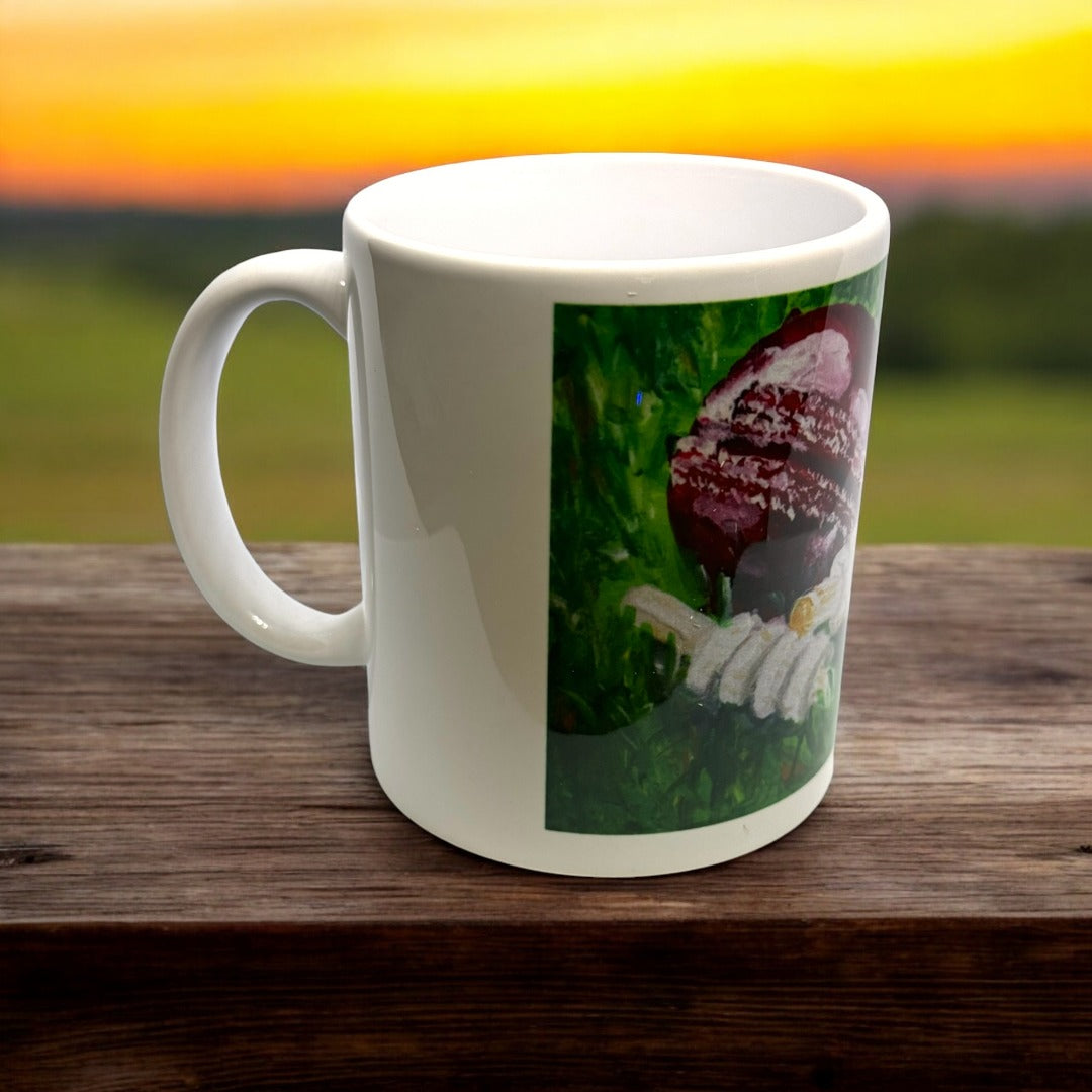 CRICKET-GIFTS - Cricketer's Mug | Ceramic Design by Anthony Kelly | Cricket Ball & Bails Artwork | 300ml Capacity | Ideal for Cricket Enthusiasts | Cricket Ball Design, White, Green