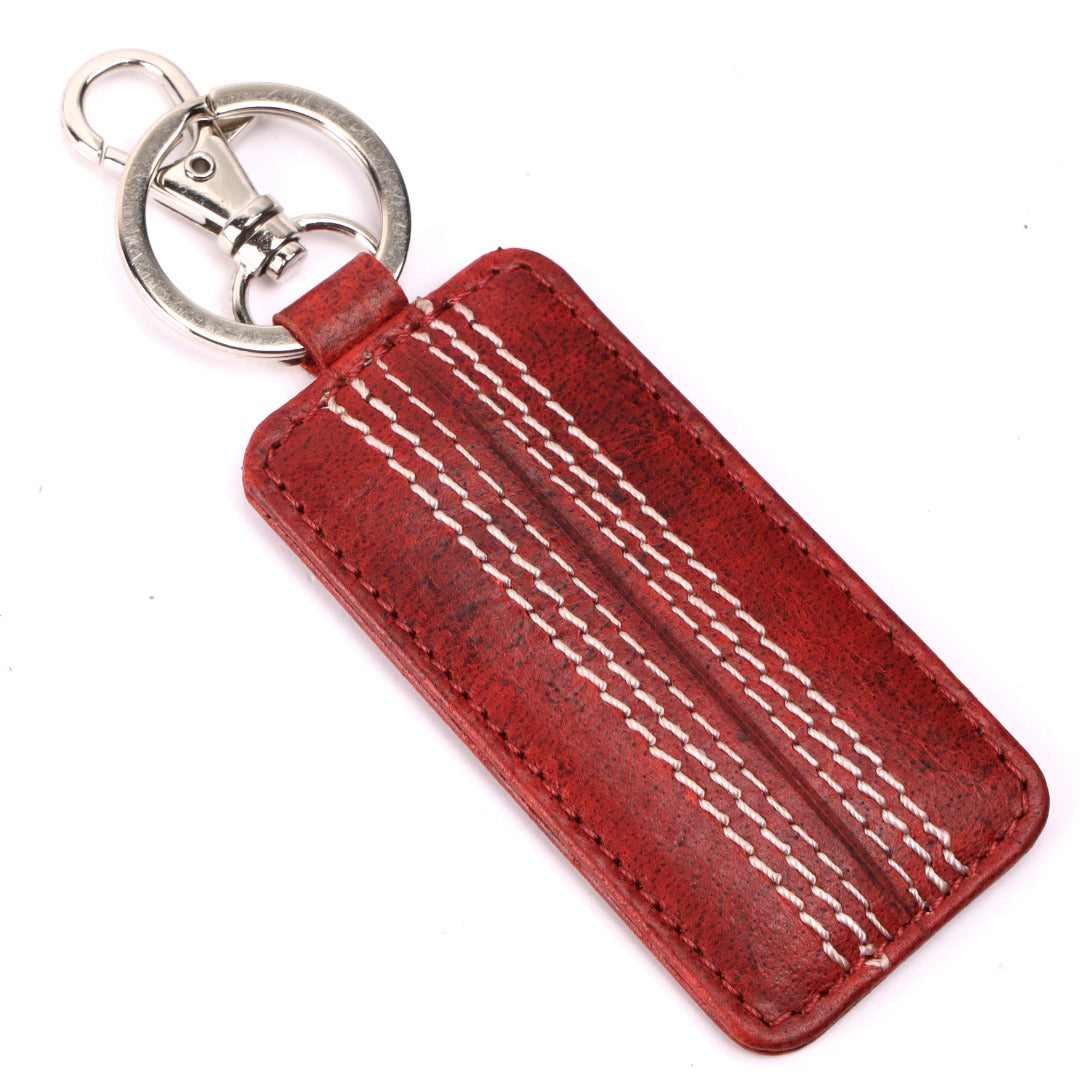 CRICKET-GIFTS Buffalo Leather Key Fob | Genuine Cricket Leather | Durable & Elegant Design | Red Leather with White Stitching | Compact Size, Red