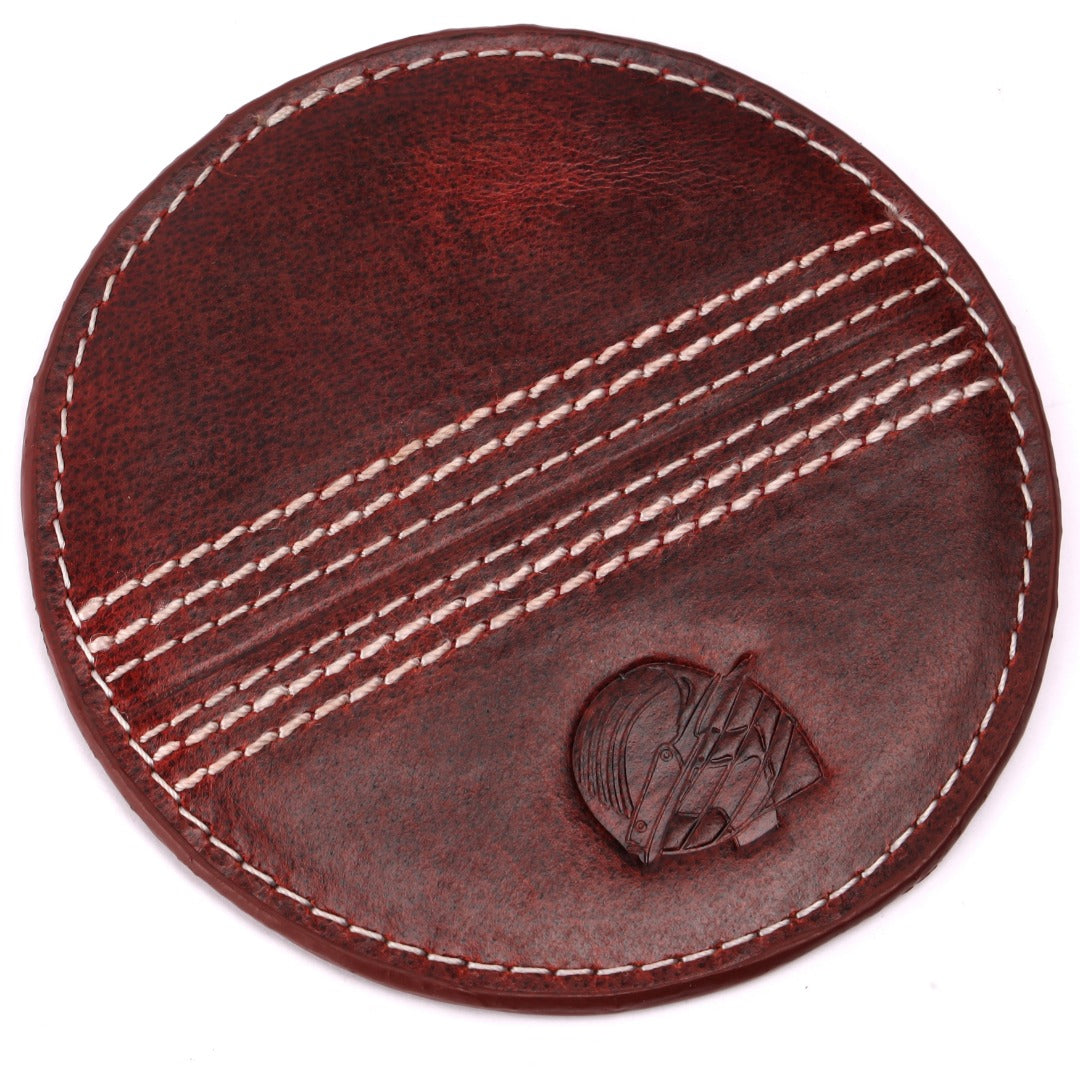 CRICKET-GIFTS - Buffalo Leather Coaster | White Cricket Ball Stitching