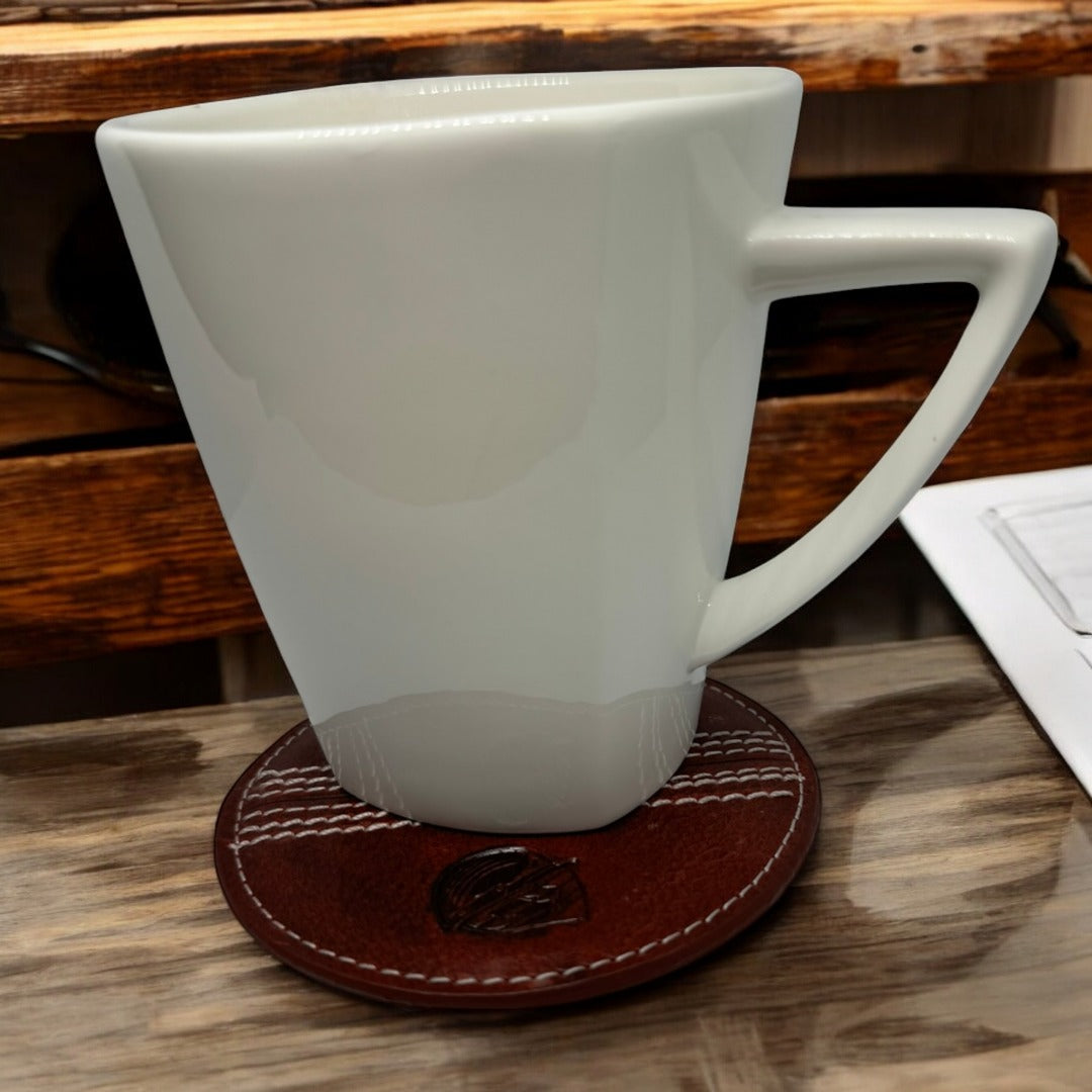 CRICKET-GIFTS - Buffalo Leather Coaster | White Cricket Ball Stitching