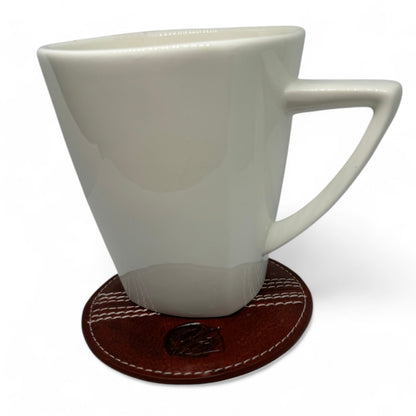 CRICKET-GIFTS - Buffalo Leather Coaster | White Cricket Ball Stitching