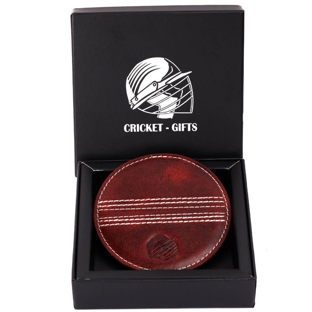 CRICKET-GIFTS - Buffalo Leather Coaster | White Cricket Ball Stitching