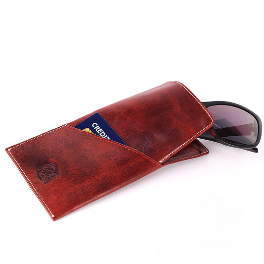CRICKET-GIFTS - Buffalo Leather Glasses Case | Red Leather Exterior | Includes Card Holder