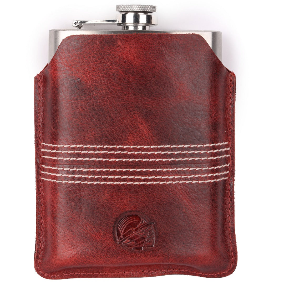 CRICKET-GIFTS - Buffalo Leather Hip Flask | 8oz Capacity | Red Leather Cover | Ideal for Cricket Enthusiasts | Includes Portable Pouch | Unique Cricket Stitching, Multicoloured, Metal
