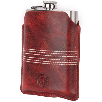 CRICKET-GIFTS - Buffalo Leather Hip Flask | 8oz Capacity | Red Leather Cover | Ideal for Cricket Enthusiasts | Includes Portable Pouch | Unique Cricket Stitching, Multicoloured, Metal