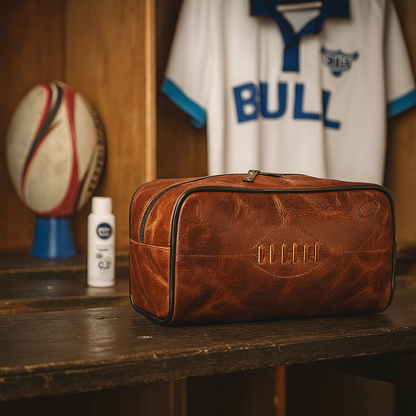 SPORTGIFTZ Buffalo Leather Rugby Wash Bag Durable Toiletry Bag for Rugby Players and Fans Moisture-Resistant Lining, Secure Zip and Carry Handle 25cm x 14cm