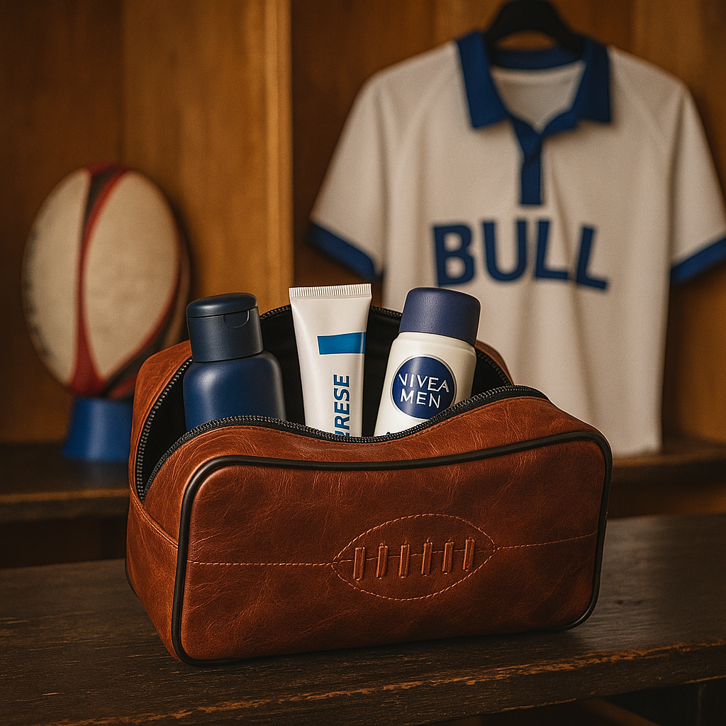 SPORTGIFTZ Buffalo Leather Rugby Wash Bag Durable Toiletry Bag for Rugby Players and Fans Moisture-Resistant Lining, Secure Zip and Carry Handle 25cm x 14cm