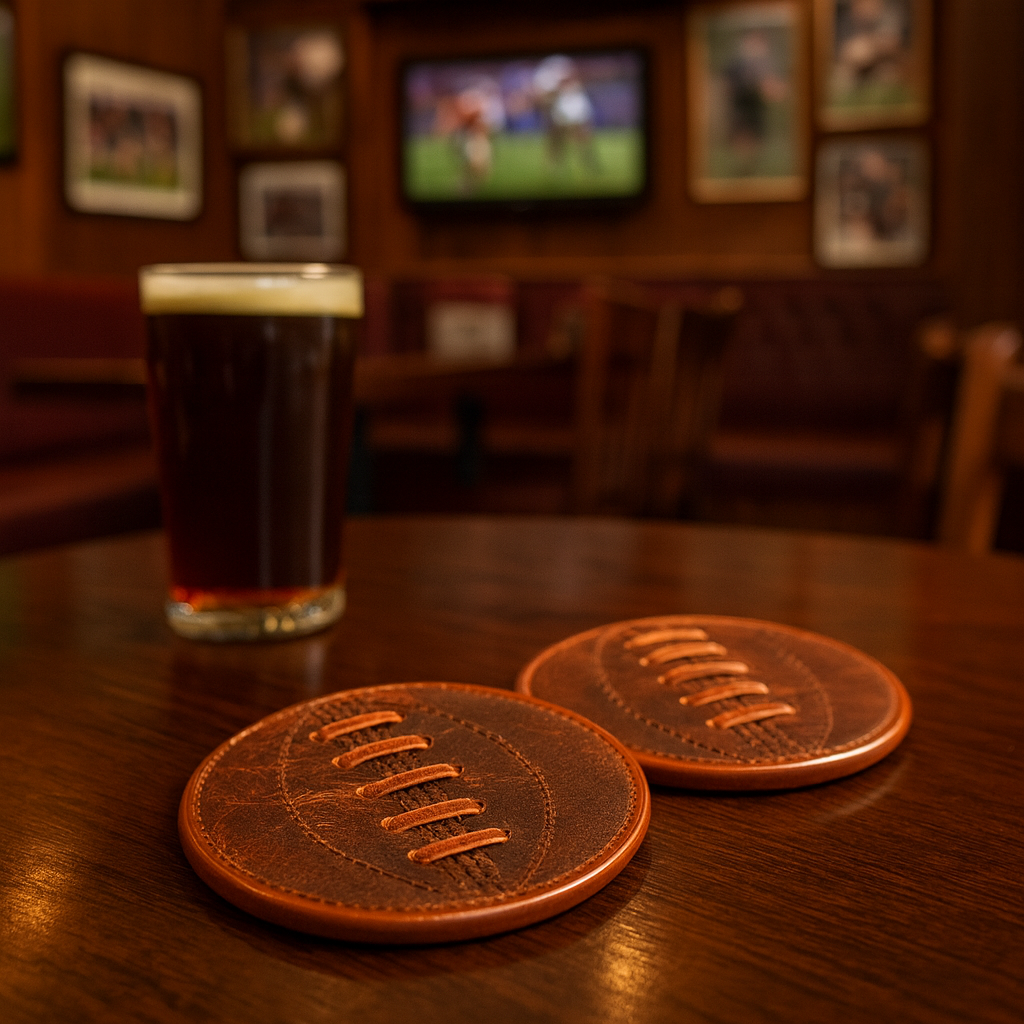 SPORTGIFTZ - Buffalo Leather Coaster | Rugby Ball Stitching | Durable and Elegant Design