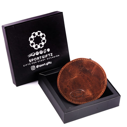 SPORTGIFTZ - Buffalo Leather Coaster | Rugby Ball Stitching | Durable and Elegant Design | Ideal for Dining and Coffee Tables | Rugby Ball Coaster, Brown, One Size