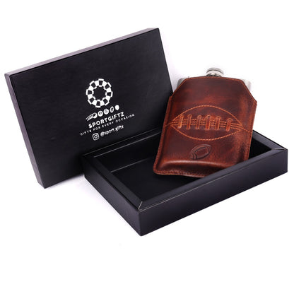 SPORTGIFTZ - Buffalo Leather Hip Flask | 8oz Capacity | Brown Leather Cover | Ideal for Rugby Enthusiasts | Includes Portable Pouch | Retro Rugby Ball  Stitching, Brown, Metal