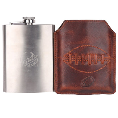SPORTGIFTZ - Buffalo Leather Hip Flask | 8oz Capacity | Brown Leather Cover | Ideal for Rugby Enthusiasts | Includes Portable Pouch | Retro Rugby Ball  Stitching, Brown, Metal