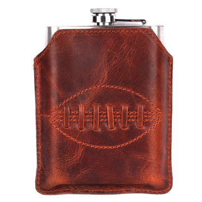 SPORTGIFTZ - Buffalo Leather Hip Flask | 8oz Capacity | Brown Leather Cover | Ideal for Rugby Enthusiasts | Includes Portable Pouch | Retro Rugby Ball  Stitching, Brown, Metal