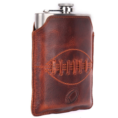 SPORTGIFTZ - Buffalo Leather Hip Flask | 8oz Capacity | Brown Leather Cover | Ideal for Rugby Enthusiasts | Includes Portable Pouch | Retro Rugby Ball  Stitching, Brown, Metal