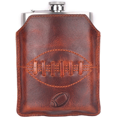 SPORTGIFTZ - Buffalo Leather Hip Flask | 8oz Capacity | Brown Leather Cover | Ideal for Rugby Enthusiasts | Includes Portable Pouch | Retro Rugby Ball  Stitching, Brown, Metal