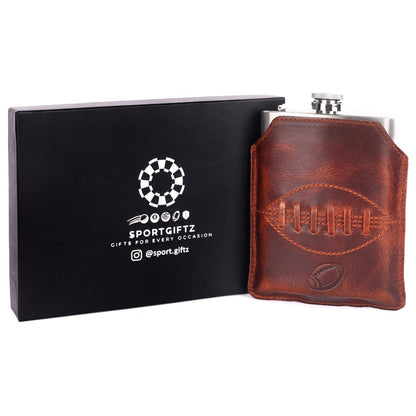 SPORTGIFTZ - Buffalo Leather Hip Flask | 8oz Capacity | Brown Leather Cover | Ideal for Rugby Enthusiasts | Includes Portable Pouch | Retro Rugby Ball  Stitching, Brown, Metal