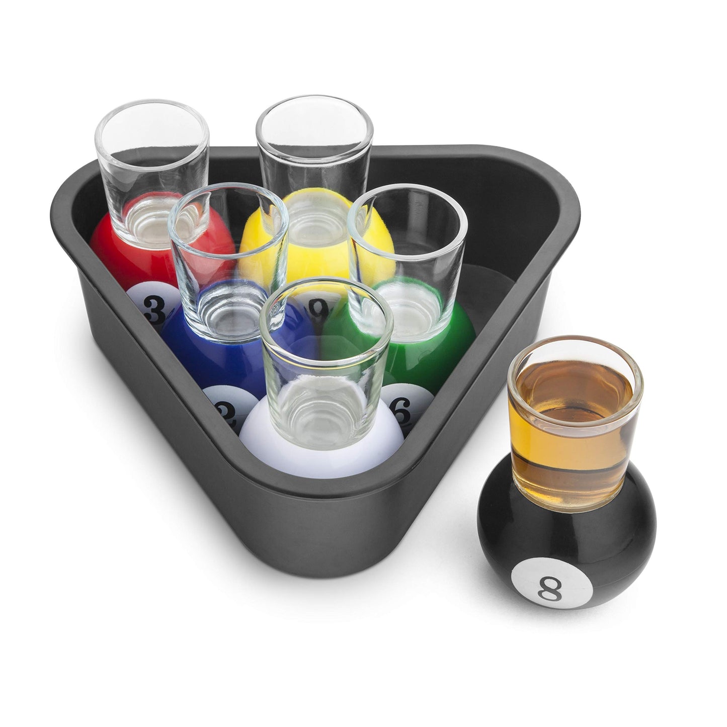 Set of 6 Pool Shots - Novelty Shot Glasses & Tray Drinking Gift Set