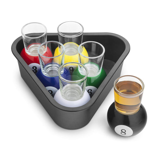 Set of 6 Pool Shots - Novelty Shot Glasses & Tray Drinking Gift Set