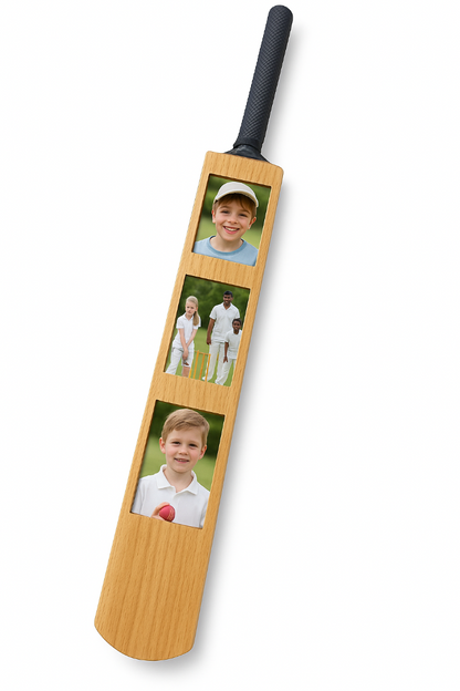 CRICKET-GIFTS Mini Bat Photo Frame ? 40cm Wooden Cricket Bat with 3 Passport-Style Photo Holders (Unvarnished or Finished)