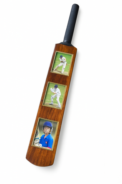 CRICKET-GIFTS Mini Bat Photo Frame ? 40cm Wooden Cricket Bat with 3 Passport-Style Photo Holders (Unvarnished or Finished)
