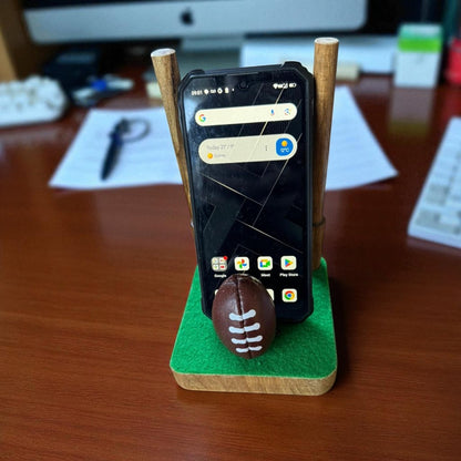 SPORTGIFTZ Desktop Rugby Phone Holder ? Wooden Stand with Rugby Ball Support (DIY Assembly)