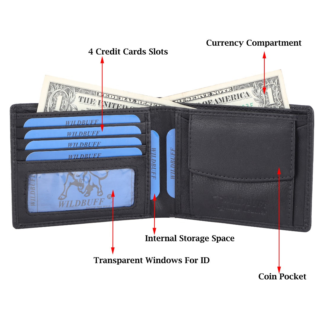 WILDBUFF Mens Black Leather Wallet ? Timeless Everyday Wallet, Gift Ready