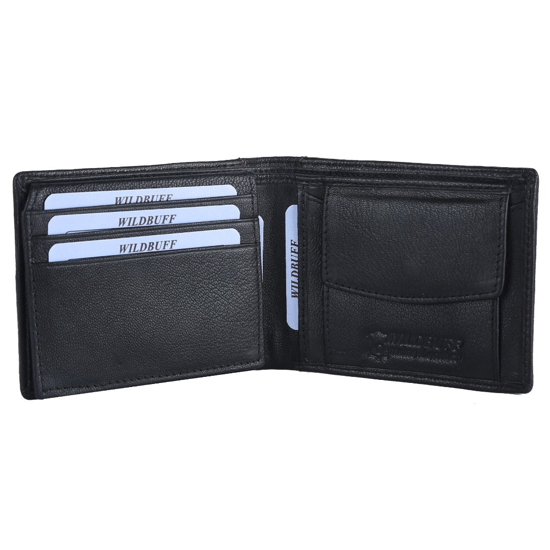 WILDBUFF Mens Black Over Flap Leather Wallet Timeless Everyday Wallet, Gift Ready