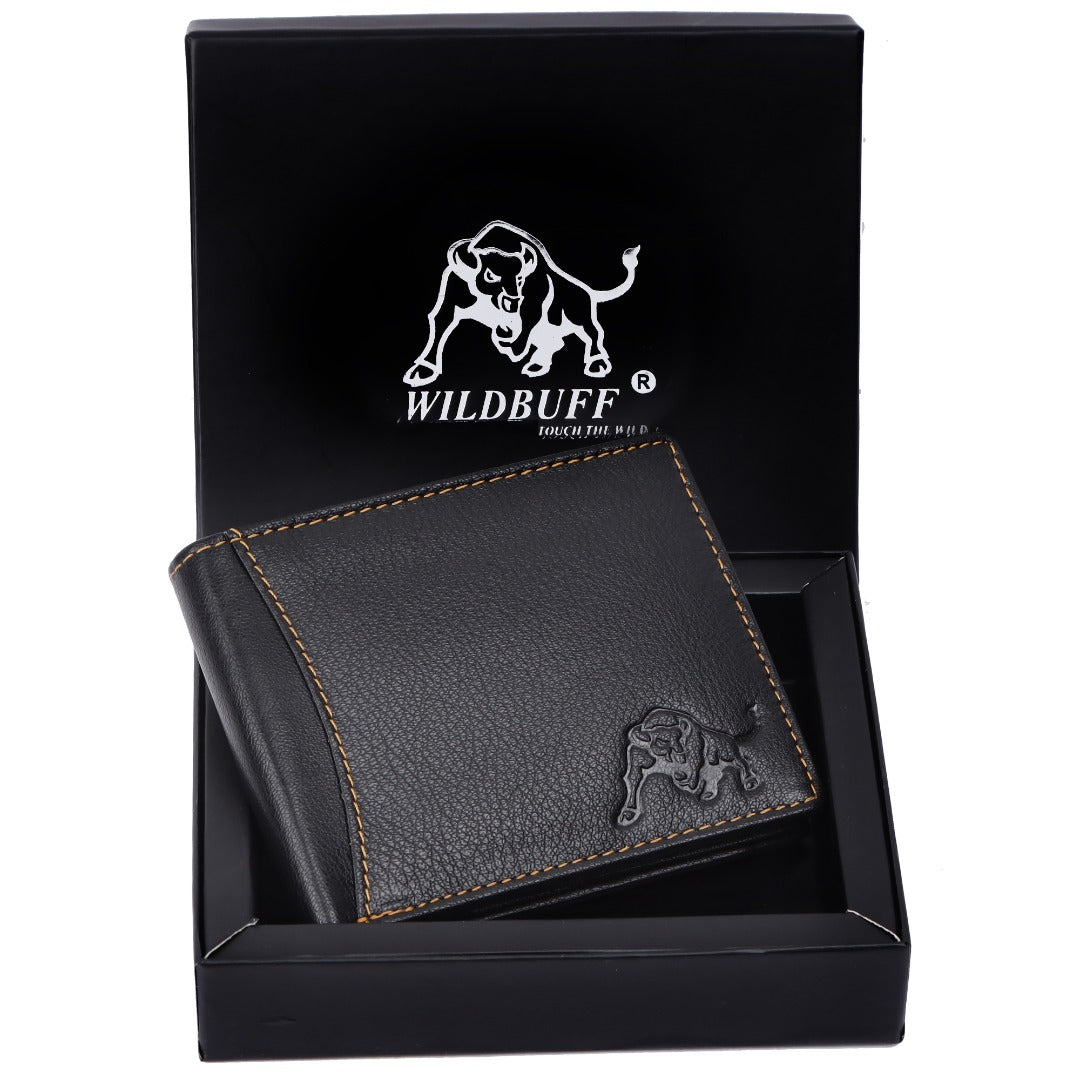 WILDBUFF Mens Black Over Flap Leather Wallet Timeless Everyday Wallet, Gift Ready