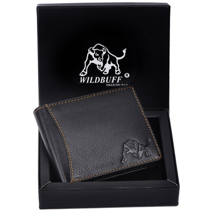 WILDBUFF Mens Black Over Flap Leather Wallet Timeless Everyday Wallet, Gift Ready