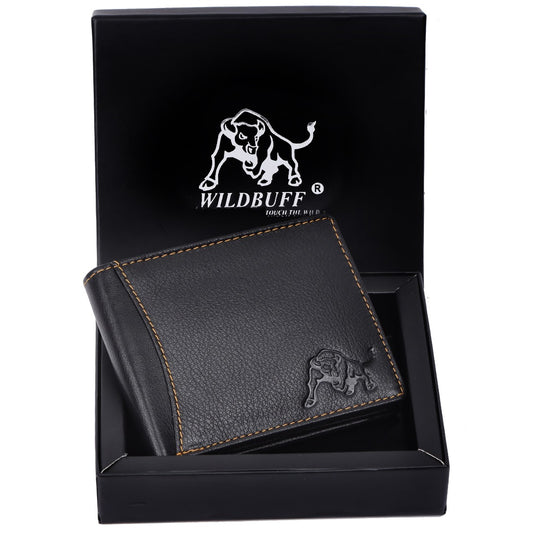 WILDBUFF Mens Black Over Flap Leather Wallet Timeless Everyday Wallet, Gift Ready
