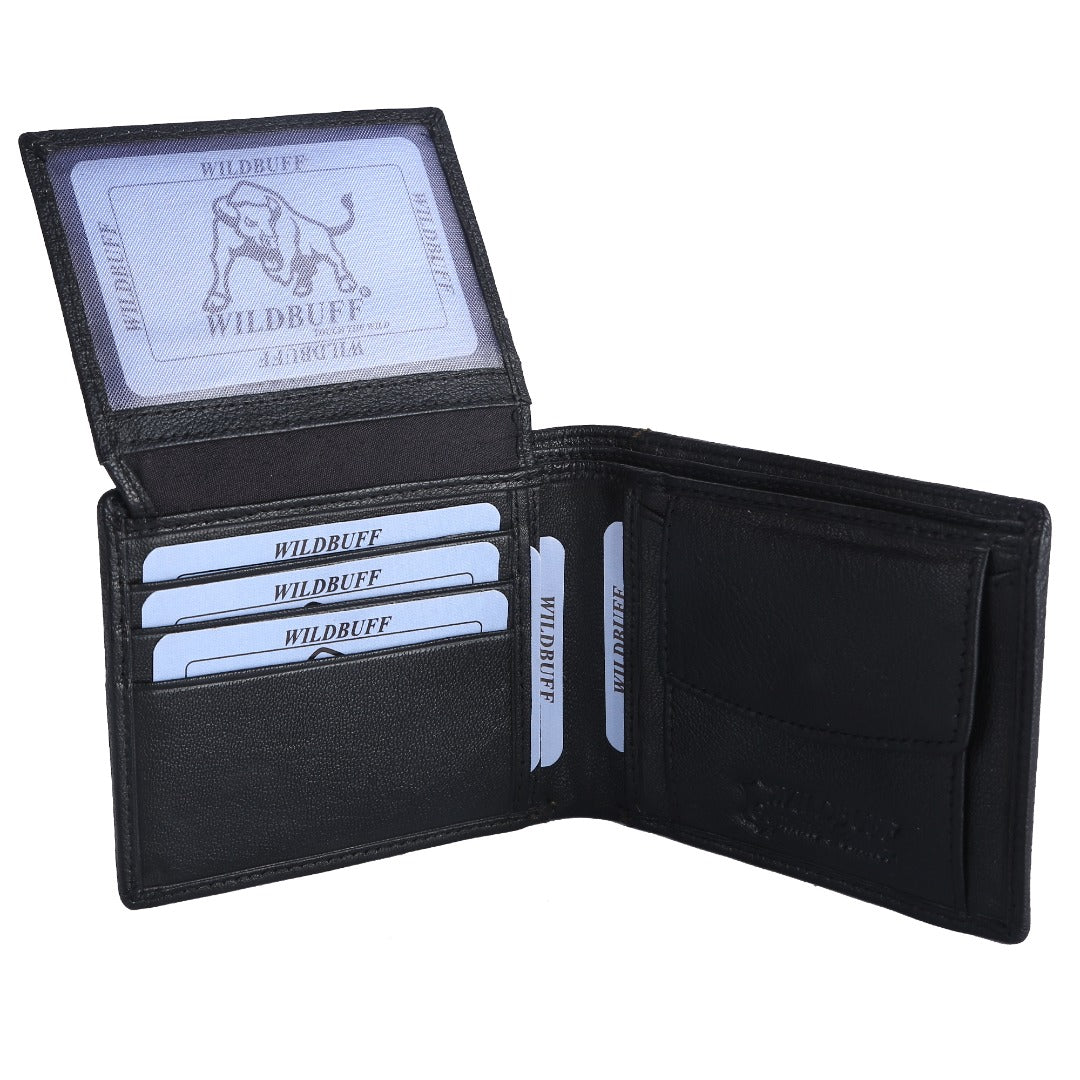WILDBUFF Mens Black Over Flap Leather Wallet Timeless Everyday Wallet, Gift Ready