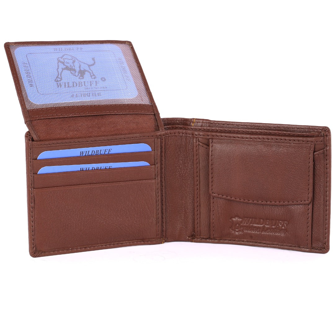 WILDBUFF Mens Brown Over Flap Leather Wallet Timeless Everyday Wallet, Gift Ready