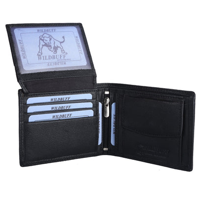 WILDBUFF Mens Black Double Stitched Leather Wallet Timeless Everyday Wallet