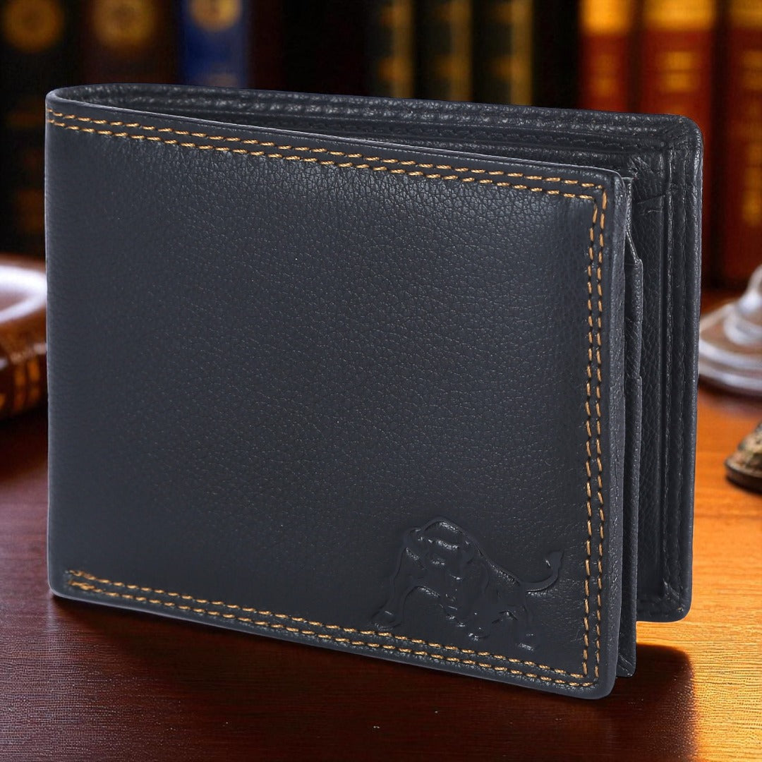 WILDBUFF Mens Black Double Stitched Leather Wallet Timeless Everyday Wallet