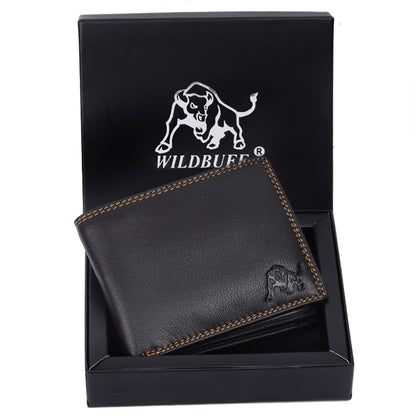 WILDBUFF Mens Black Double Stitched Leather Wallet Timeless Everyday Wallet